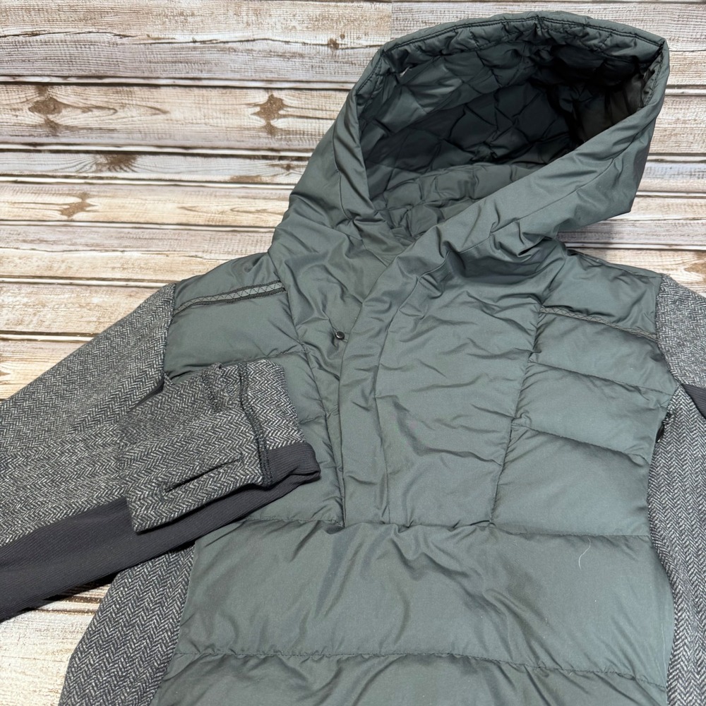 Lululemon Fluff Off Hoodie Snaps Pouch Womens Gray Herringbone Puffer Jacket